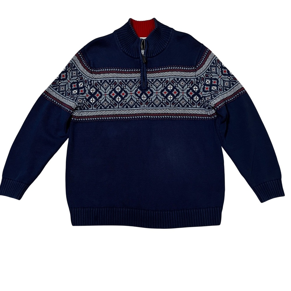 LL Bean Navy Cotton Nordic Fair Isle Quarter Zip Sweater Men's XL Grandpa Cabin